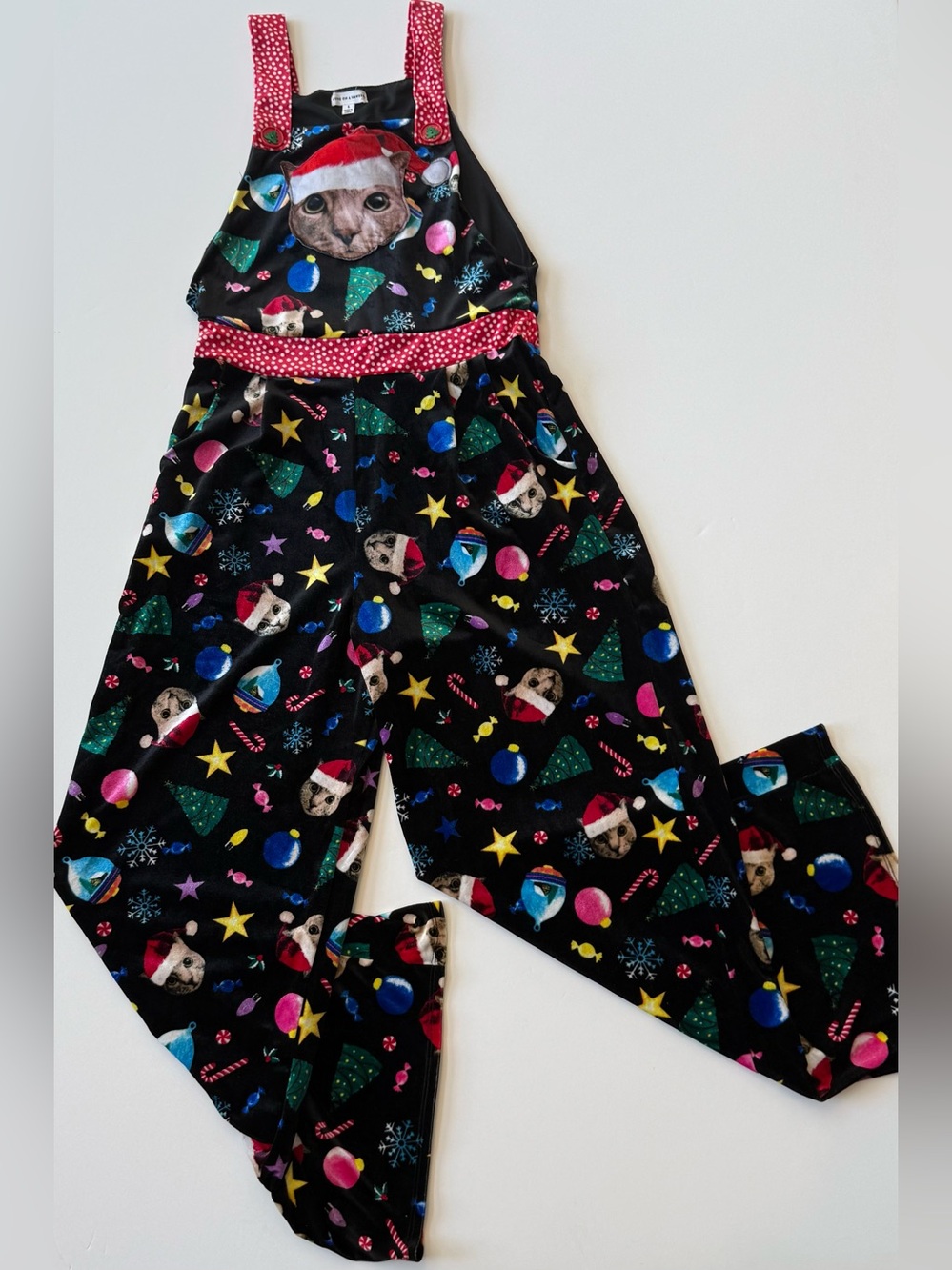 Love On A Hanger Womens S Cat Christmas Overalls Black Holiday Velour Jumper